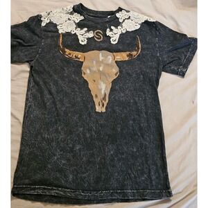 Sterling and Stitch Women's Sleeve western Skull Shirt With Lace Womens Small